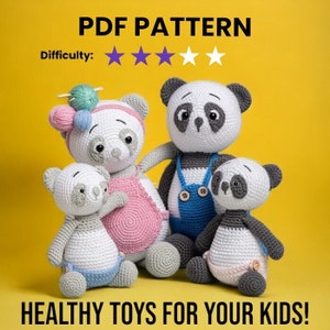 Häkelanleitung Panda Familie, All in One PDF, Amigurumi Tutorial PDF in englisch, Gesundes Häkelspielzeug als Geschenk für Kinder