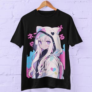 Camiseta de chica gato pastel / Linda chica manga / Ropa urbana japonesa Harajuku / Camisa unisex extragrande / Anime kawaii / Regalo de anime