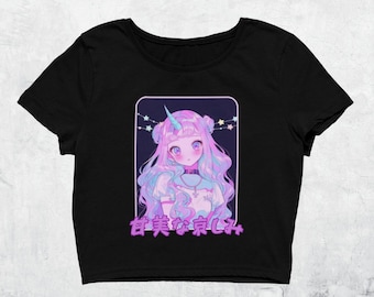 Retro Anime Unicorn Girl Crop Top | Pastel Goth Clothing | Grunge Aesthetic | Kawaii Crop Top | Harajuku Clothing