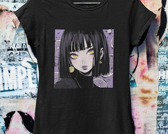 May include: Black t-shirt with a graphic print of an anime-style girl with purple and yellow accents. The girl has long black hair, yellow eyes, and is wearing a black turtleneck.