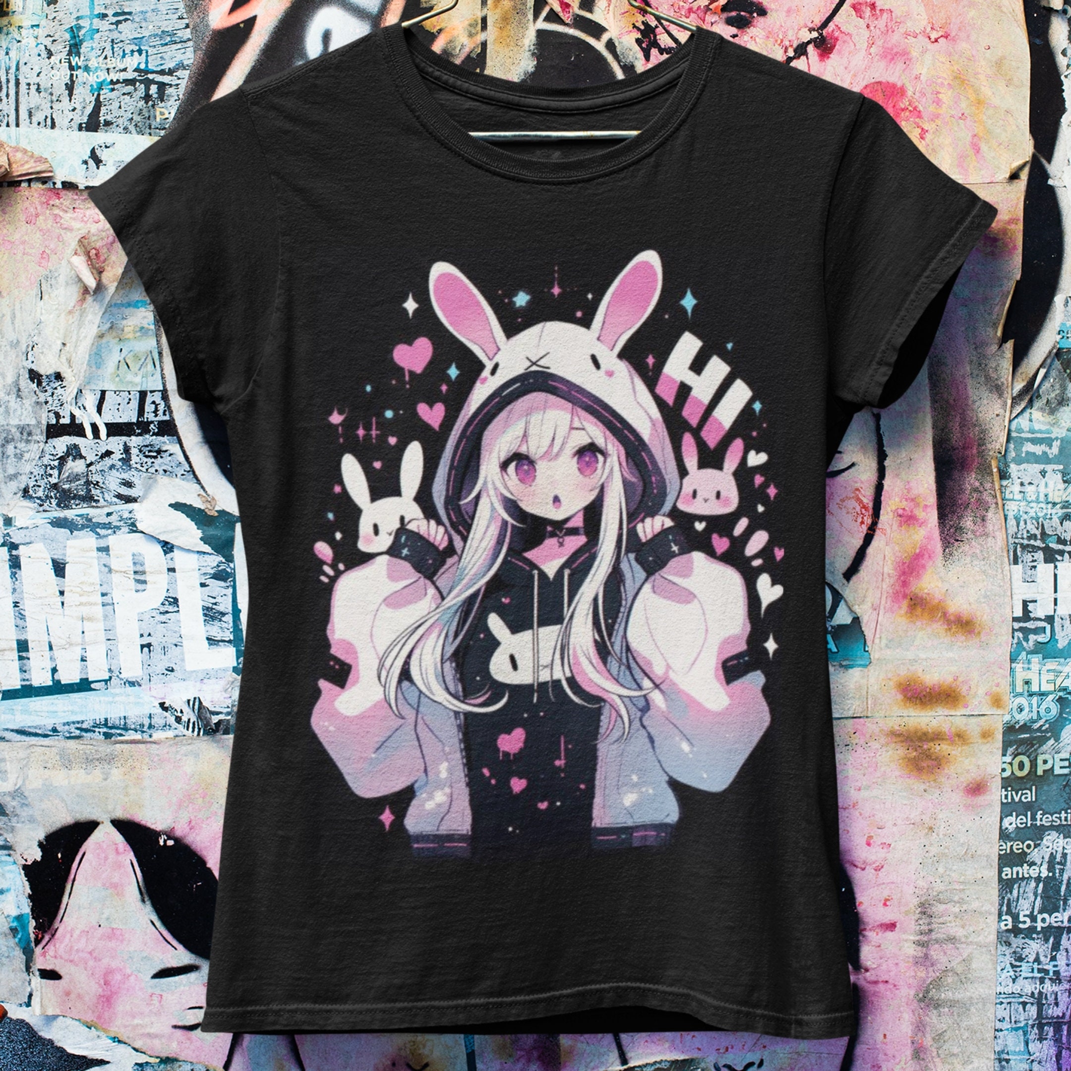 Pastel Goth Bunny Anime Oversized T-shirt | Harajuku Streetwear 