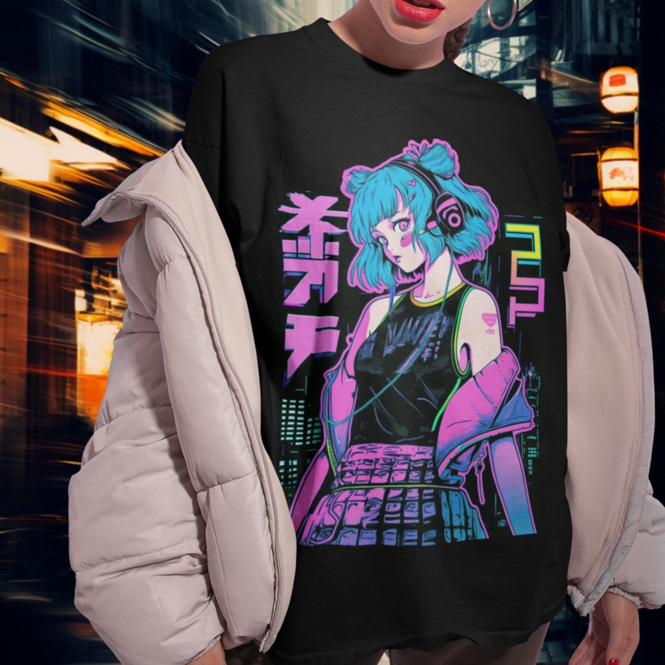 Y2k aesthetic fashion waifu with black hair in neon neo tokyo baby blue