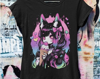 Pastell Goth Anime Fox Oversized T-shirt | Harajuku Streetwear | Japansk Streetwear | Grunge-estetik