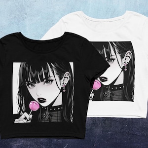 90er Jahre Anime Mädchen Crop Top | Pastell Goth Kleidung | Grunge Ästhetik | Gothic Crop Top | Harajuku Kleidung
