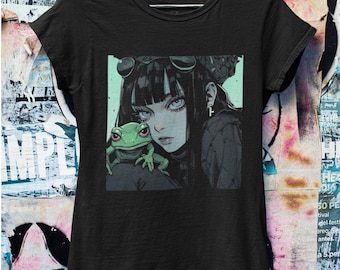 90s Anime Girl Frog Shirt | Pastel Goth Clothing | Grunge Aesthetic | Goth Crop Top | Harajuku Clothing