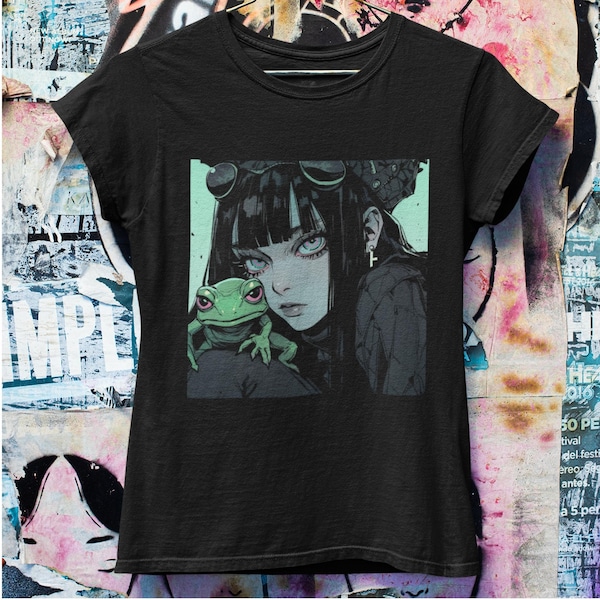 90s Anime Girl Frog Shirt | Pastel Goth Clothing | Grunge Aesthetic | Goth Crop Top | Harajuku Clothing