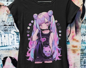 T-shirt oversize pastel gothique Kawaii Anime | Streetwear Harajuku | Streetwear japonais | Esthétique grunge