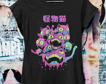 Monster Cat Gothic T-shirt  | Harajuku Streetwear | Japanese Horror Streetwear | Grunge Aesthetic | Oversized Alt Clothing
