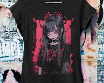 May include: Black t-shirt with a graphic print of an anime girl with red eyes and black hair. The girl is wearing a black choker and a black shirt with the word "SEEN" written on it. The background is a pink and red gradient with black accents.