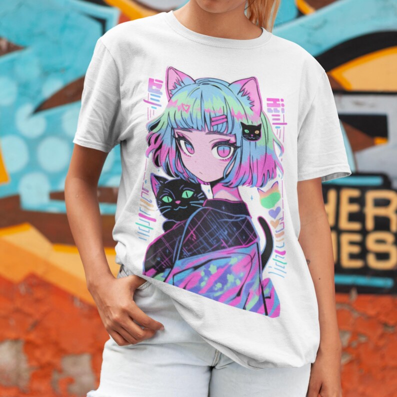 Anime Catgirl Retro Japanese Streetwear Shirt, Glitchcore Kawaii Dark Pastel Goth Punk Fashion Manga Style Shirt, Unisex Cotton Top image 4