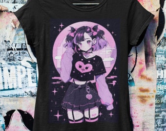 May include: Black t-shirt with a graphic print of an anime girl with purple hair and a pink heart on her shirt. The girl is wearing a black skirt, pink leg warmers, and white shoes. The background is a pink and purple gradient with stars.