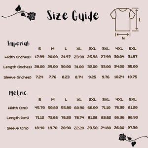 May include: Size guide for a t-shirt with measurements in inches and centimeters. The chart shows the width, length, and sleeve length for sizes S through 5XL.
