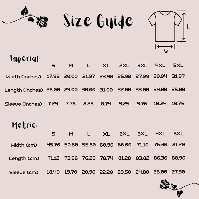 May include: Size guide for a t-shirt with measurements in inches and centimeters. The chart shows the width, length, and sleeve length for sizes S through 5XL.