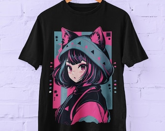 May include: Black t-shirt with a graphic print of an anime girl with pink and blue hair wearing a hooded jacket with cat ears. The background is a pink and blue geometric pattern.