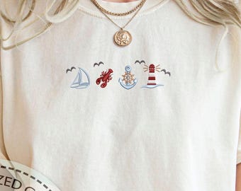 Embroidered Nautical Icons Tee, Lobster Anchor Boat Comfort Colors Shirt, Beach Vacation Shirt, Sailing Embroidery Gift For Dad