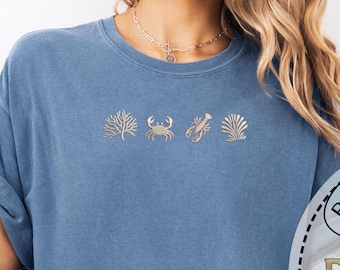 Embroidered Ocean Creatures Design Tee, Crab Coral Lobster Stitch Shirt, Coastal Marine Gift Idea, Summer Comfort Colors Shirt