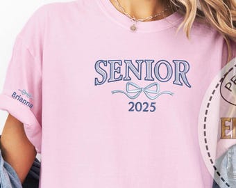 Senior Coquette Bow Embroidered Tee, Personalized Graduation Year Shirt, Comfort Colors Grad Gift For Her, Class Of 2025 Shirt
