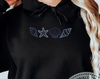 Seashell Embroidered Sweatshirt, Cozy Starfish And Shell Hoodie, Ocean Theme Beach Gift, Crewneck For Her, Embroidery Sea Lover Hoodie