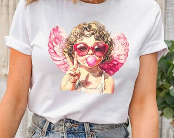 Pink Sunglasses Cherub Shirt, Cute Angel Bubblegum Graphic Tee, Valentine's Day Gift, Retro Love Shirt, Quirky Cupid Tee, Fun Romantic Gift