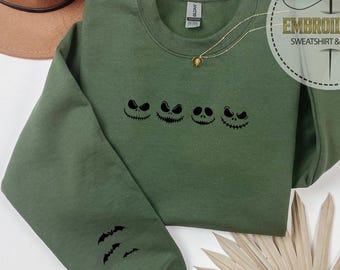 Embroidered Jack Skellington Faces, Sleeve Bats Sweatshirt, Disney Halloween Hoodie, Nightmare Park Vibes, Matching Couple Gift, Spooky Fun