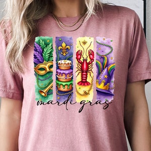 Mardi Gras Ikons Graphic Tee, Colorful New Orleans Apparel, Carnival Shirt, King Cake, Mask, Crawfish, Beads Tee, Louisiana Souvenir Outfit