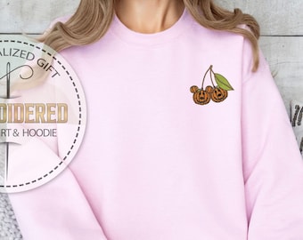 Embroidered Pumpkin Cherry Sweatshirt, Disney Halloween Hoodie, Spooky Season Mickey Minnie Hoodie, Fall Embroidered Gift, Fall Sweatshirt