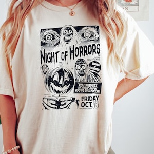 Comfort Colors Night Of Horrors Shirt, Retro Halloween Poster Tee, Creepy Pumpkin Horror T-shirt, Spooky Friday 13 Shirt, Gift For Her