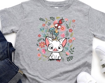Disney Moana Pua and Hei Hei Tee, Floral Pig And Rooster T-shirt, Cute Farm Animal Tee, Disneyland Trip Gift, Funny Island Friends Tee