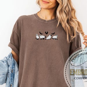Embroidered Ghost Cats Halloween Tee, Comfort Colors Black Cat Shirt, Spooky Bats Design Embroidery T-shirt, Cute Fall Style, Gift For Her