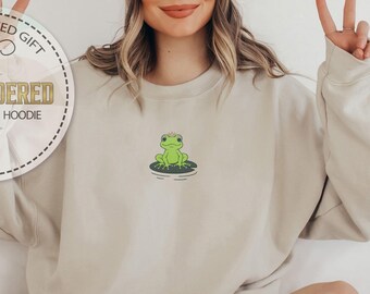 Embroidered Queen Frog Sweatshirt, Princess Crown Frog Hoodie, Funny Frog Embroidery Design, Royal Frog Lover Gift For Her, Queen Hoodie