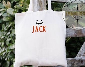 Embroidered Pumpkin Face Name Tote Bag, Custom Halloween Bag, Trick Or Treat Bag, Choose Face 1-10, Personalized Name Embroidery, Kids Bag