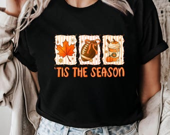 Tis The Season Leaf Football Coffee Tee, Fall Pumpkin Shirt, Cozy Autumn Graphic T-shirt, Game Day Football Gift, Football Season Tee