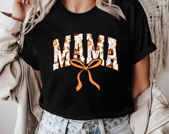 Fall Mama Pumpkin Bow T-shirt, Autumn Coquette Mama Tee, Cute Thanksgiving Mom Shirt, Fall Season T-shirt, Gift For Her, Pumpkin Mom Shirt