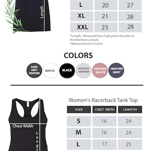 May include: Size chart for women's V-neck t-shirts and racerback tank tops. Includes chest and length measurements in inches for sizes S to XXL. Available colors include dark grey heather, white, black, athletic heather, heather mauve, and heather navy.