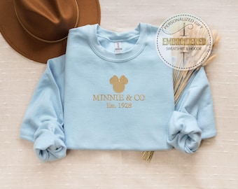 Embroidered Mickey Or Minnie & Co Est. 1928 Sweatshirt, Custom Thread Color, Disney Logo Crewneck, Matching Disney Trip Gift