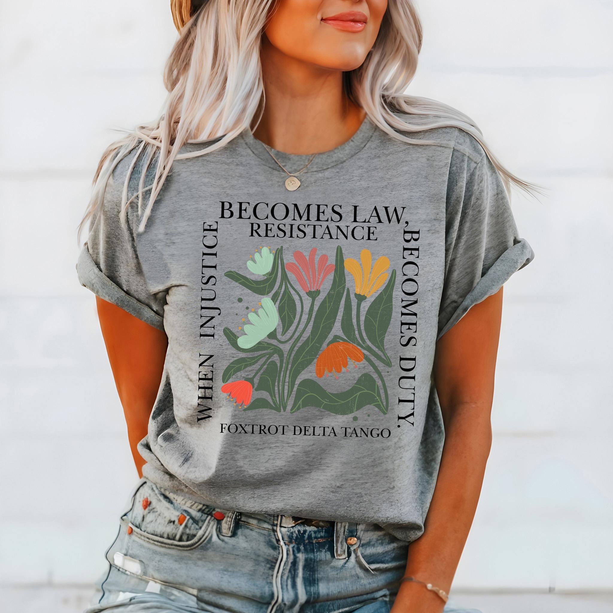 Floral Resist Fascism V-Neck Long Sleeve Shirt - Women's Graphic Tee With Statement Design