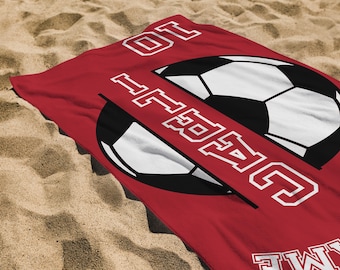 Personalized Soccer Towel Custom Name Number | Youth Soccer Player Gift | Team Pool Beach Towel Boys Girls Summer Sport Fan Towel