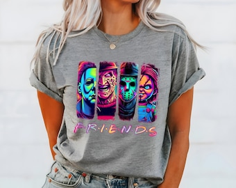 Horror Friends Neon Shirt, Scary Movie Killers Graphic Tee, Spooky Halloween T-shirt, Funny Matching Gift, Fall Horror Fan Shirt
