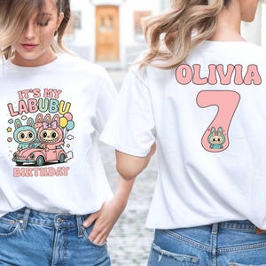 Custom Labubu Birthday Girl Shirt, Personalized Name Age Tee, Chart Monster Design T-shirt, Cute Party Outfit, Gift For Kids