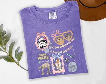 Comfort Colors Coquette Star Wars T-shirt, Bow Aesthetic R2D2 ATAT Ewok Shirt, May The Force Tee, Disney Trip Gift, Disney Trip Shirt