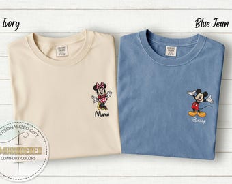 Embroidered Mickey Minnie Shirt, Comfort Colors Personalized Disney Tee, Custom Name Character Embroidery Design, Family Vacation Gift