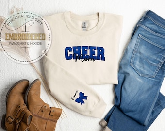 Embroidered Cheer Mom Sweatshirt, Glitter Outline Applique, Custom Embroidery Hoodie , Team Spirit Style, Personalized Cheer Mom Gift