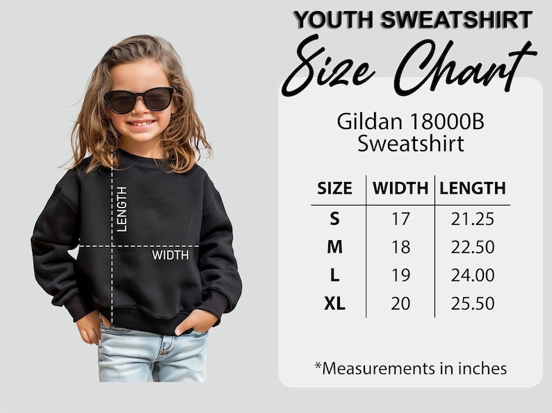 May include: A black youth sweatshirt with a size chart. The chart shows measurements in inches for sizes S, M, L, and XL. The sweatshirt is from Gildan, style 18000B. A young person wearing sunglasses and jeans is modeling the sweatshirt.