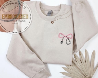 Embroidered Stethoscope Bow Sweatshirt, Coquette Medical Hoodie, RN Crew, Hospital Staff Style, Doctor Nurse Gift, Graduation Gift
