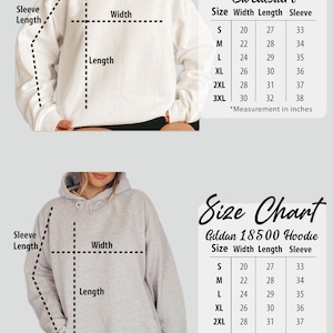 May include: Size chart for a heavy blended crewneck sweatshirt and a Gildan 18500 hoodie. The chart shows the width, length, and sleeve length in inches for sizes S, M, L, XL, 2XL, and 3XL.