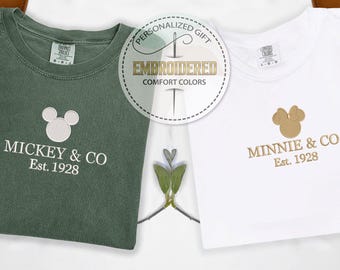 Mickey Or Minnie Embroidered Tee, Disney 1928 Logo Shirt, Comfort Colors Shirt, Cartoon Design For Fans, Disney Trip Gift For Her