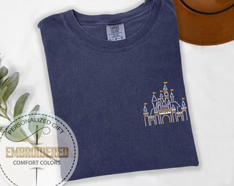Embroidered Disney Castle Shirt, Colorful Fairytale Kingdom Tee, Magical Adventure Outfit, Trendy Disneyland Vacation Gift, Comfort Colors