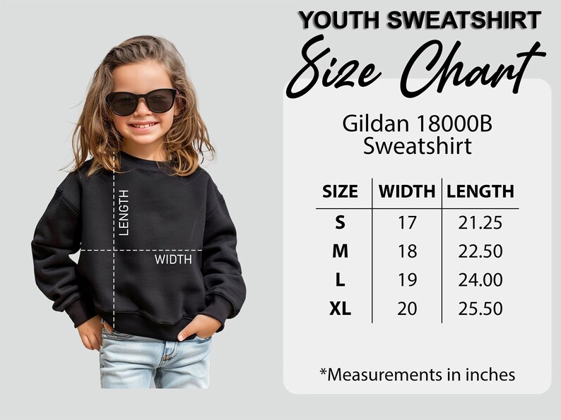 May include: Youth sweatshirt size chart for Gildan 18000B sweatshirts. The chart shows sizes S, M, L, and XL with corresponding width and length measurements in inches.