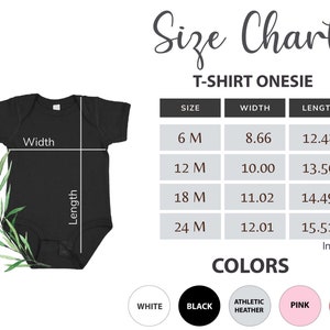 Może przedstawiać: Tabela rozmiar&oacute;w dla body z t-shirtem z wymiarami w calach. Rozmiary obejmują 6M, 12M, 18M i 24M. Kolory obejmują biały, czarny, szary sportowy, r&oacute;żowy i czerwony.