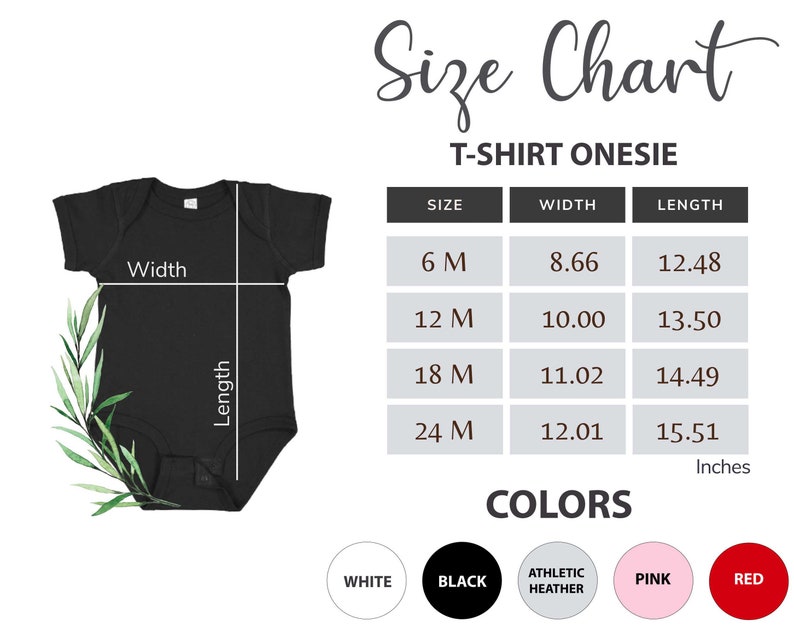 Może przedstawiać: Tabela rozmiar&oacute;w dla body z t-shirtem z wymiarami w calach. Rozmiary obejmują 6M, 12M, 18M i 24M. Kolory obejmują biały, czarny, szary sportowy, r&oacute;żowy i czerwony.